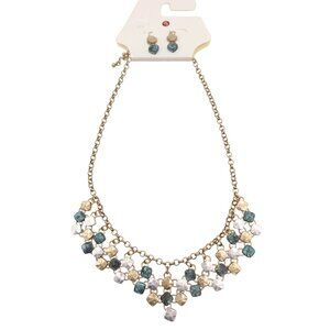 Hammered Metal Statement Bib Necklace & Earring Set Gold Tone Silver Green Boho